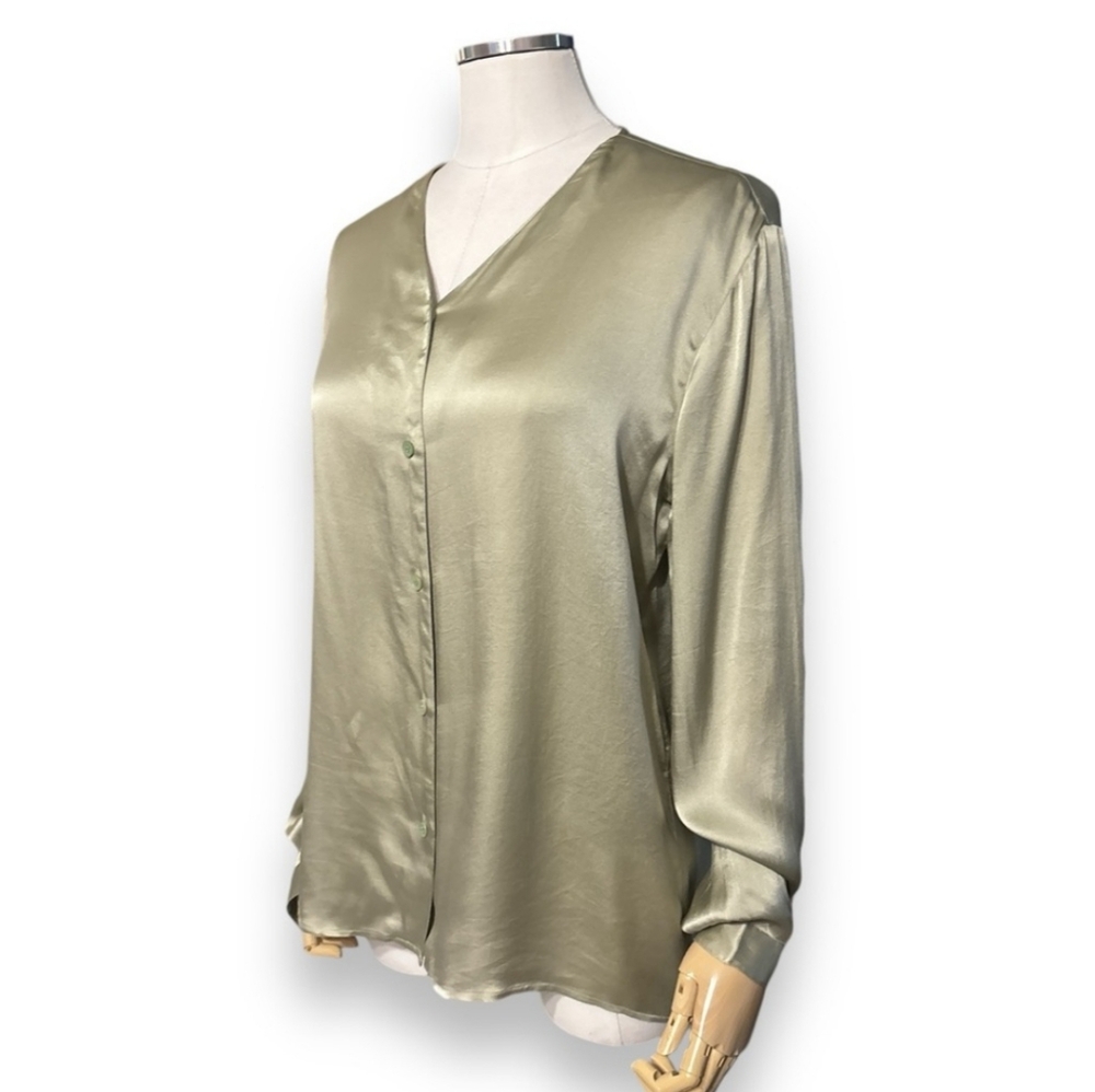 CALVIN KLEIN 100% Silk Satin Collarless Button Front Blouse VINTAGE